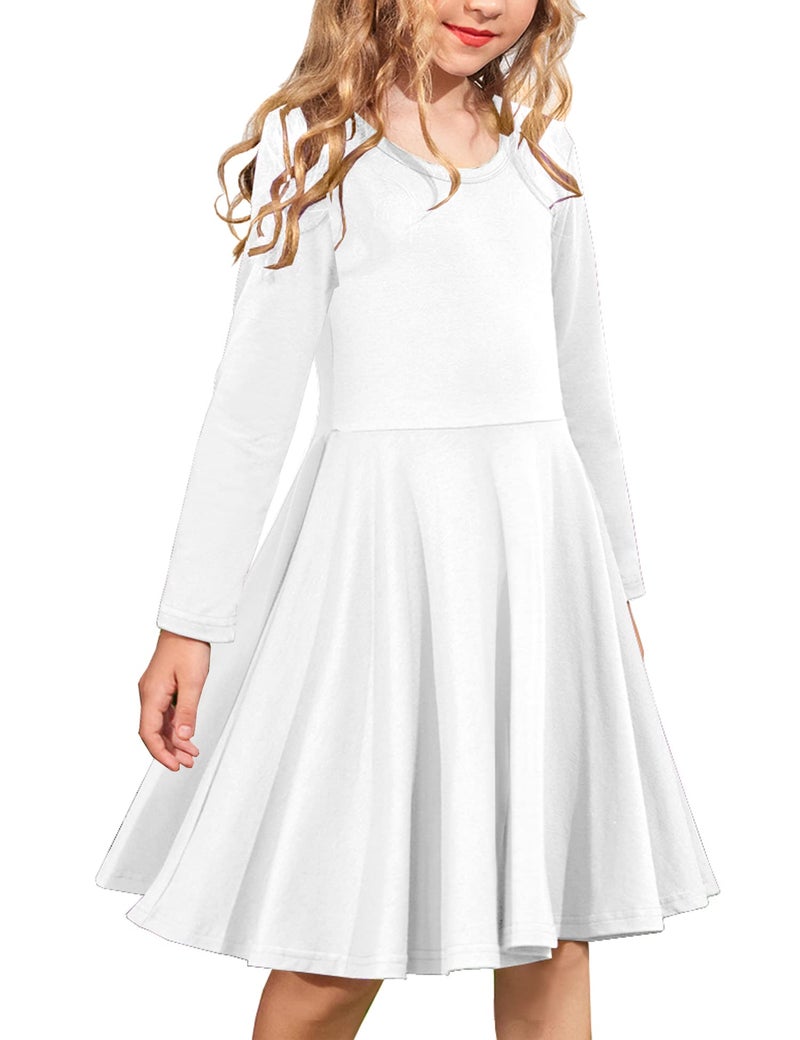Arshiner Girls Long Sleeve Stretchy Dress A line Twirly Skater School Party Dress White Tween 10 Years - Image 1